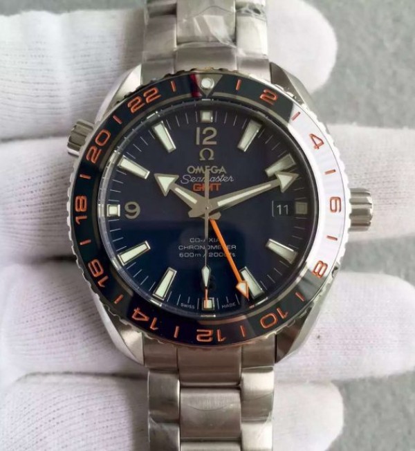 Omega Planet Ocean GMT Goodplanet Blue Bezel Orange Marker Blue Dial SS Bracelet A8605