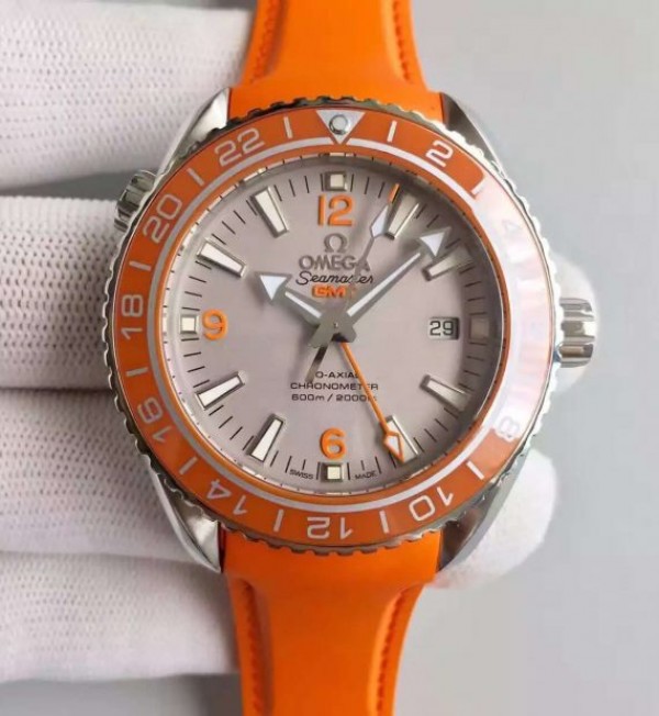 Omega Planet Ocean SS GMT Gray Dial Orange Bezel Rubber Strap A8615