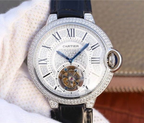 Cartier Ballon Bleu de Cartier Tourbillon SS Full paved Diamonds Leather Strap