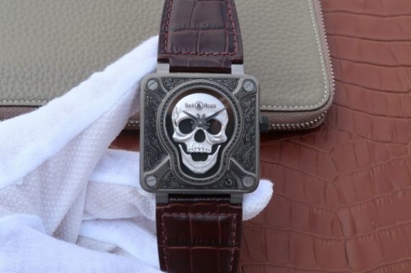 Bell & Ross BR01 Burning Skull Tattoo Watch Silver Dial Brown Leather Strap MIYOTA 9015