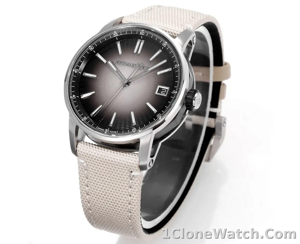watch Audemars Piguet CODE 11.59 Stainless Steel Watch with Smoked Dial and Beige Fabric Strap, 41mm