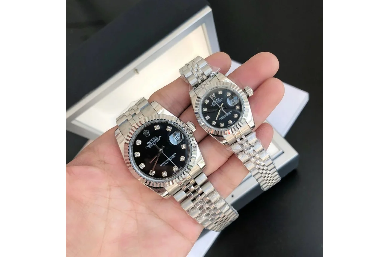 Couple Watches Rolex Datejust 36/28mm SS/SS Jub Black/Dial