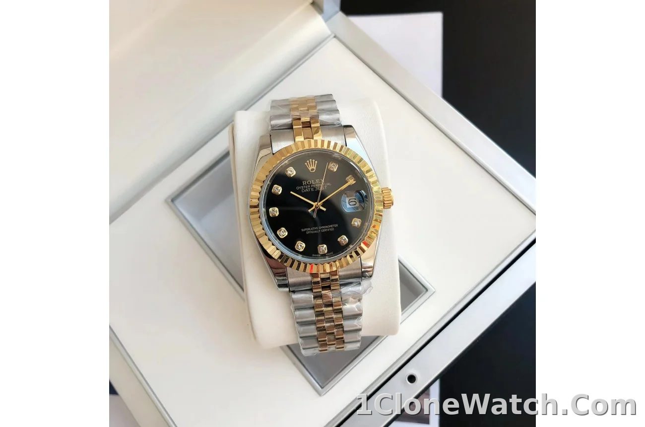 Couple Watches Rolex Datejust 36/28mm RG/SS Jub Black/Dia