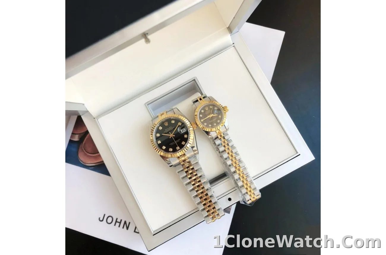 Couple Watches Rolex Datejust 36/28mm RG/SS Jub Black/Dia